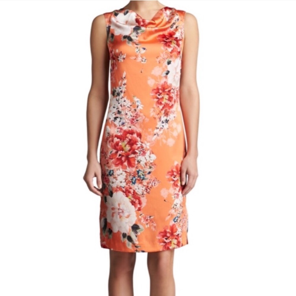St. John Silk Chrysanthemum Charmeuse Orange Floral Cowl Drape Shift Mini Dress